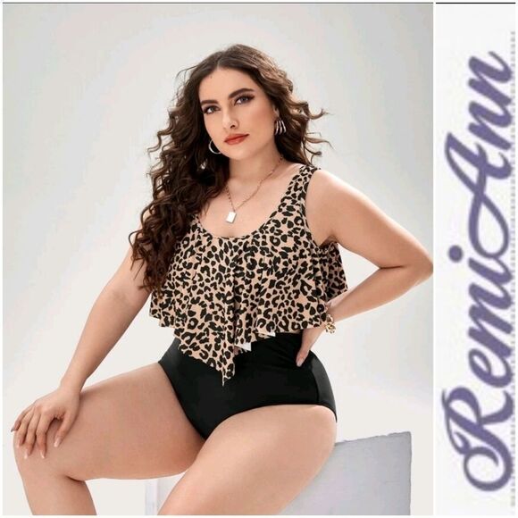 Plus Leopard Exaggerated Ruffle Bikini Swimsuit - Picture 1 of 6